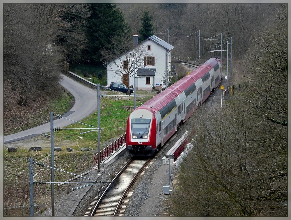 A push-pull train is running between Merkholtz and Wiltz on April 8th, 2008. 