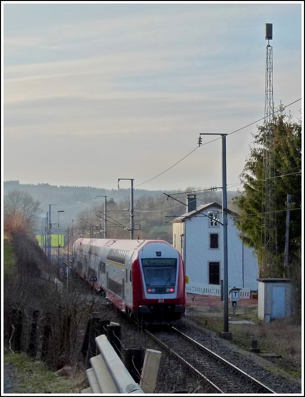 A push-pull train photographed in Lellingen on its way from Luxembourg City to Troisvierges on March 20th, 2012.