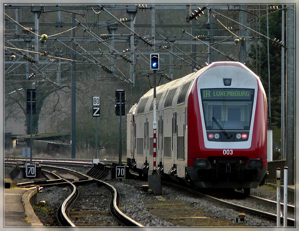 A push-pull train to Luxembourg City is leaving the station of Ettelbrck on February 3rd, 2008.
