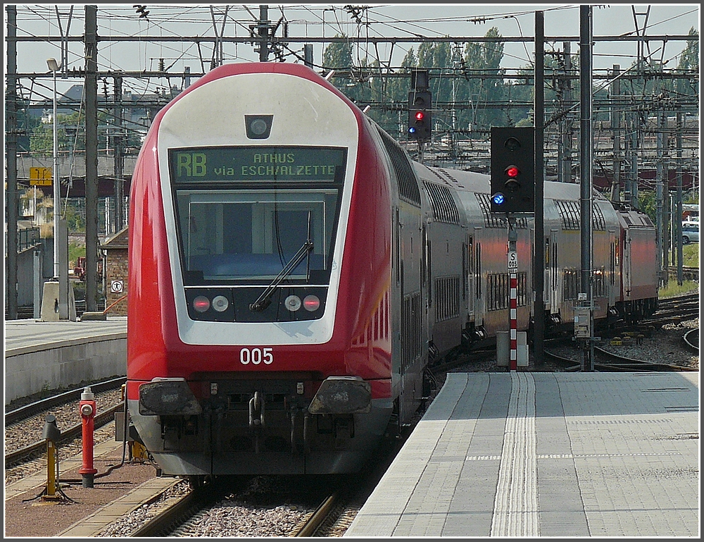 A push-pull train with the control car 005 is leaving the station of Luxembourg City on July 28th, 2008. 