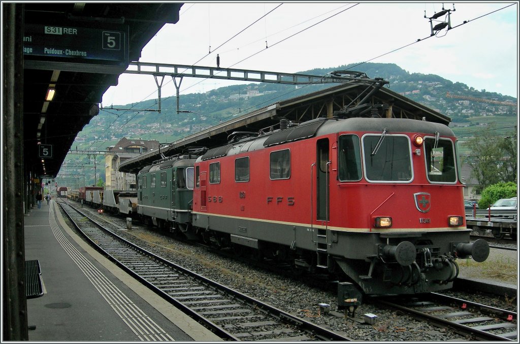 A reed and a green Re 4/4 II in Vevey. 
31.05.2011