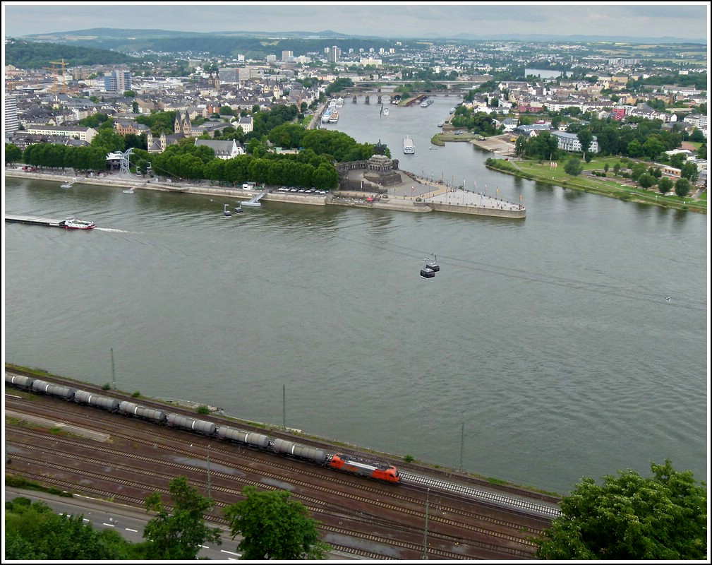 A RTS 1216 engine is hauling a goods train through Koblenz-Ehrenbreitstein on June 24th, 2011.