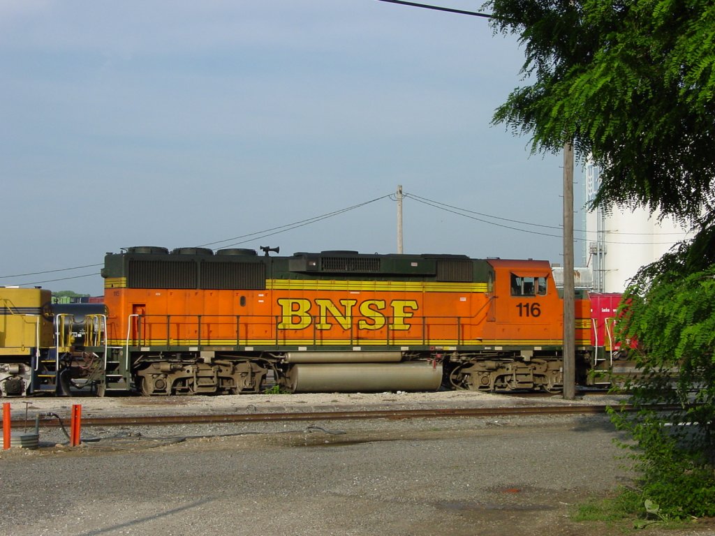 A strange GP locomotive sits at the siding near the Burlington, Iowa depot on 11 June 2005. I think this is an old Santa Fe unit, it is the only one I have seen like this. It is probably not rare, just rare in this town.