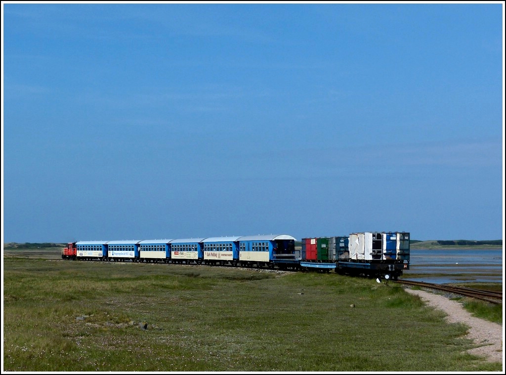 A train of the Wangerooger Inselbahn taken on its way from the harbour to the village of Wangerooge on May 7th, 2012.