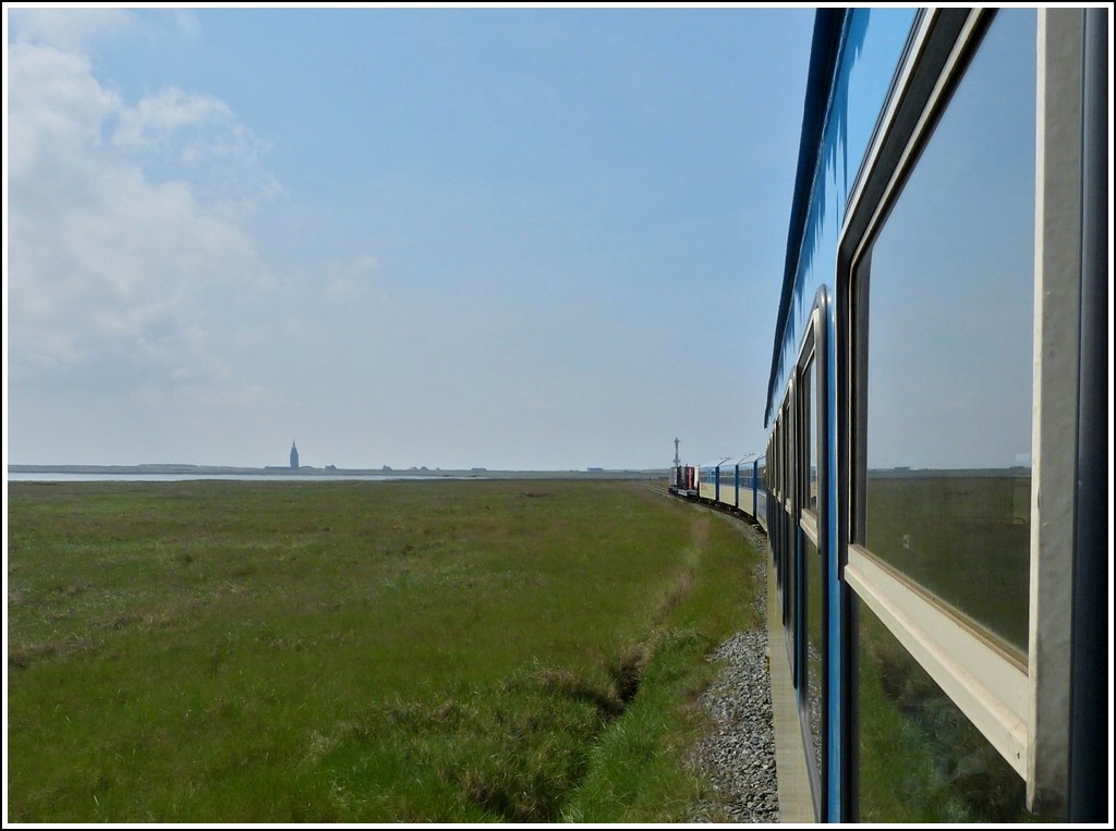 A train of the Wangerooger Inselbahn is running between Wangerroge village and harbour on May 7th, 2012.