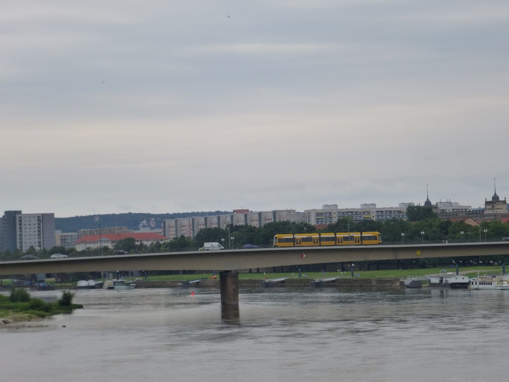 A tram is driving on the Carolabrcke in Dresden on August 9th 2013.