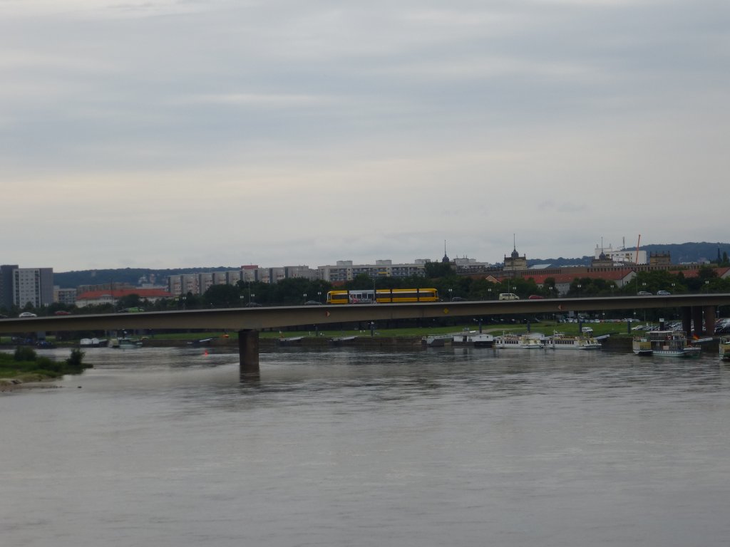 A tram is driving on the Carolabrcke in Dresden on August 9th 2013.