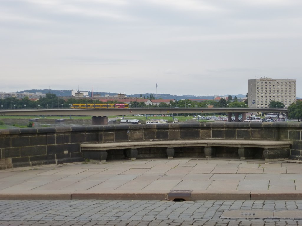 A tram is driving on the Marienbrcke in Dresden on August 9th 2013.