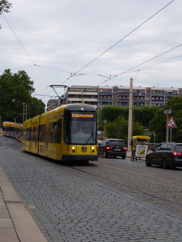 A tram is driving on the Augustusbrcke in Dresden on August 9th 2013.