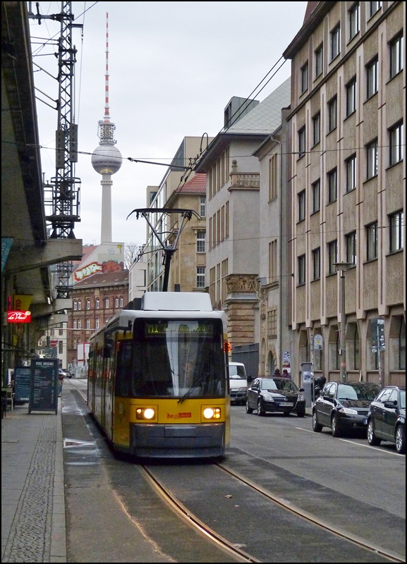 A tram is running through Georgenstraße in Berlin on December 25th, 2012.