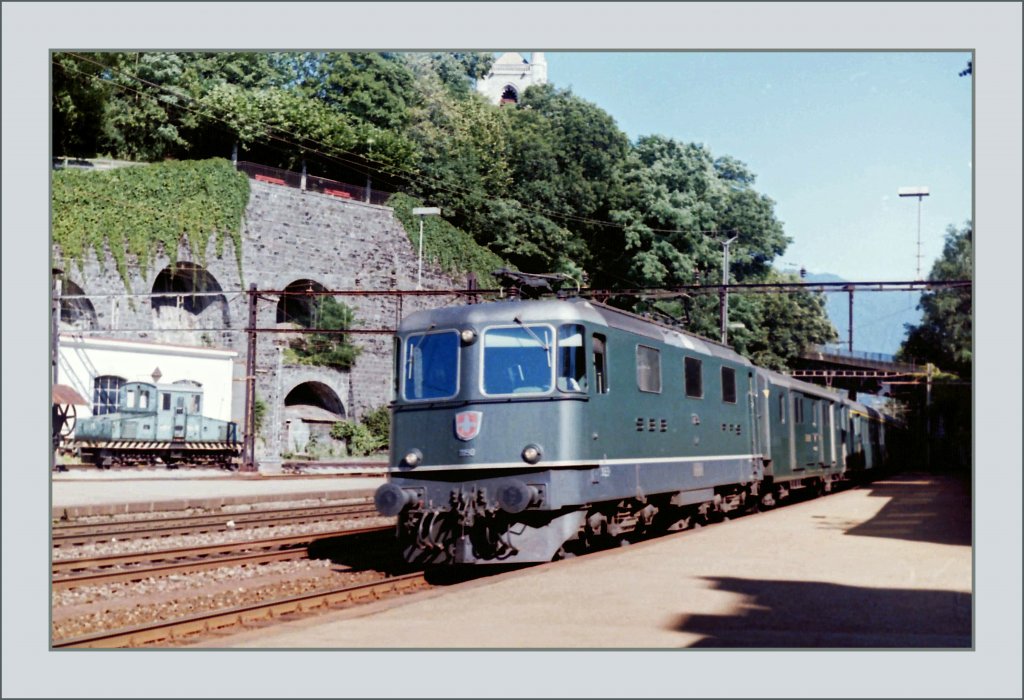 A typical fast train on the eightieth on the last century is arriving at Vevey. 
Autumn 1985/scanned negative