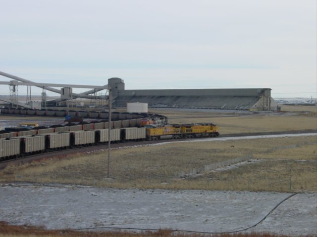A UP train heads onto the staging track at Thunder Basin Coal Company in Northeast Wyoming 10 Nov 2003.