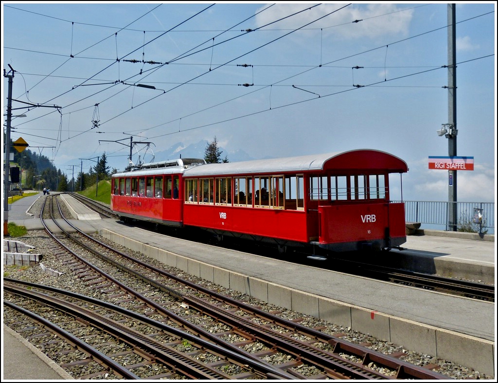 A VRB train is leaving the stop Rigi Staffel and is going to descend towards Vitznau on May 24th, 2012.