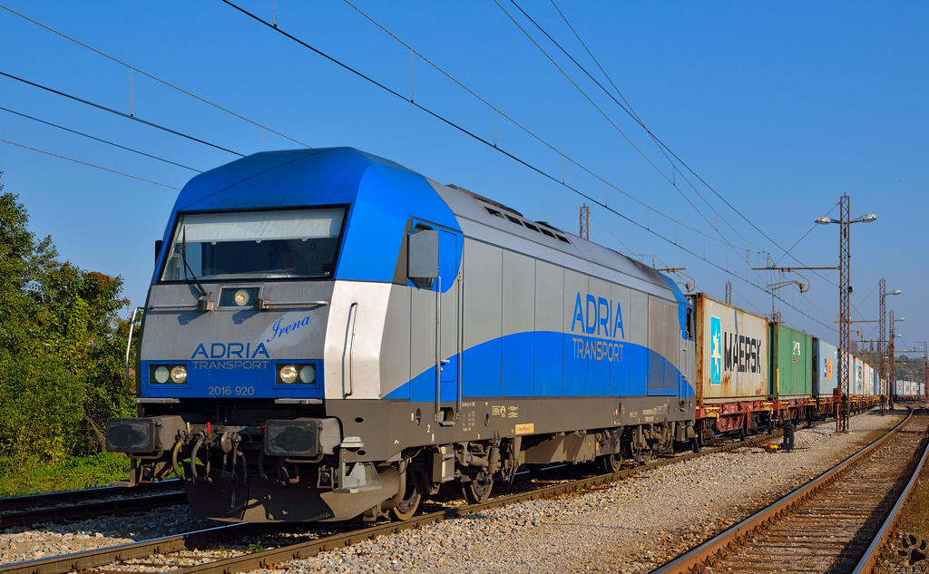 ADRIA Transport diesel loc 2016 920 'Irena' is hauling container train through Pragersko on the way to port Koper. /23.10.2012