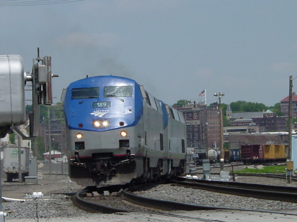 Amtrak 189 getting back on eastbound track in the Burlington, Iowa yard.