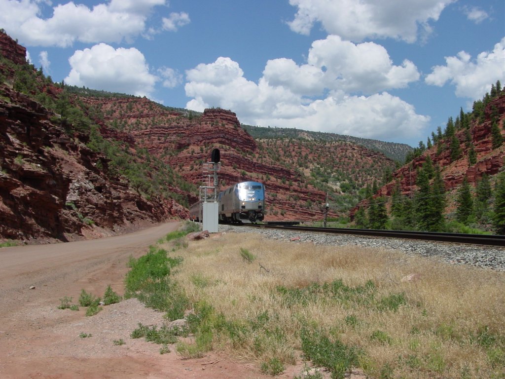 Amtrak has just sounded its horn (because I am too close to the track) in the Colorado River Canyon between Burns, Colo. and Dotsero. 1 July 2005.