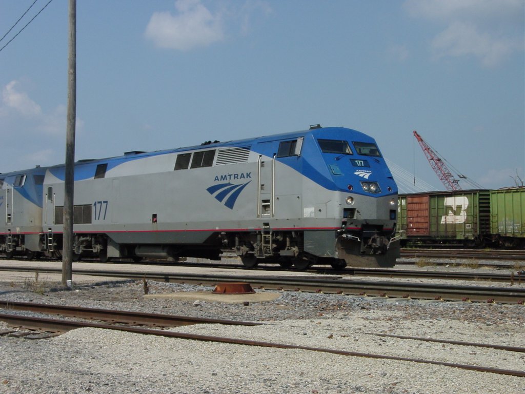 Amttrak 177 sits patiently as passengers load at Burlington, Iowa depot. 30 July 2003