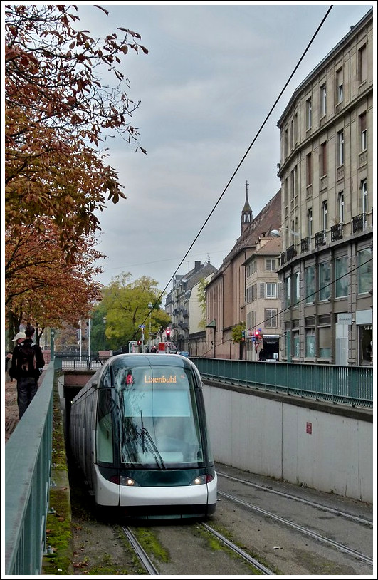 An Eurotram is arriving at the stop Ancienne Synagogue/Les Halles in Strasbourg on October 30th, 2011.