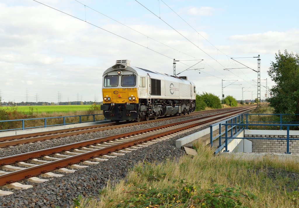 An single riding class 66 numbre 247 026-8 locomotiv near Allerheiligen on it's way to Neuss. 10.10.2012