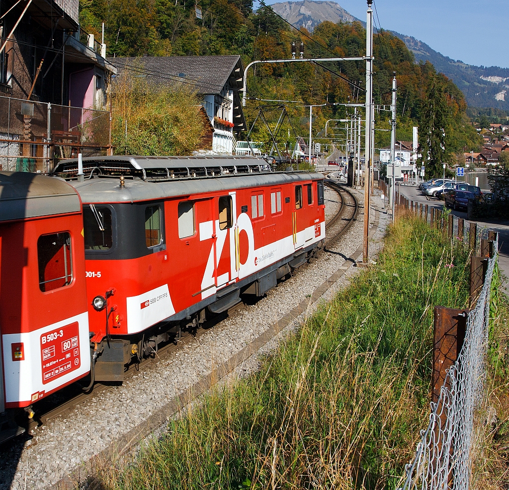 Baggage railcar De 110001-5 (series Deh 4 / 6) of the Zentralbahn pushes the local train from Brienz to Interlaken East further, here on 30.09.2011.