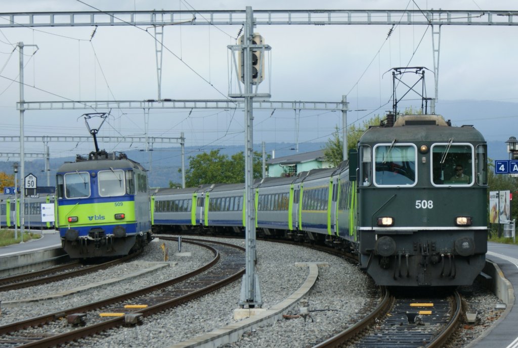 BLS Re 4/4 II with RE Bern - Neuchtel and Neuchtel - Bern in Kerzers.
02.10.2008