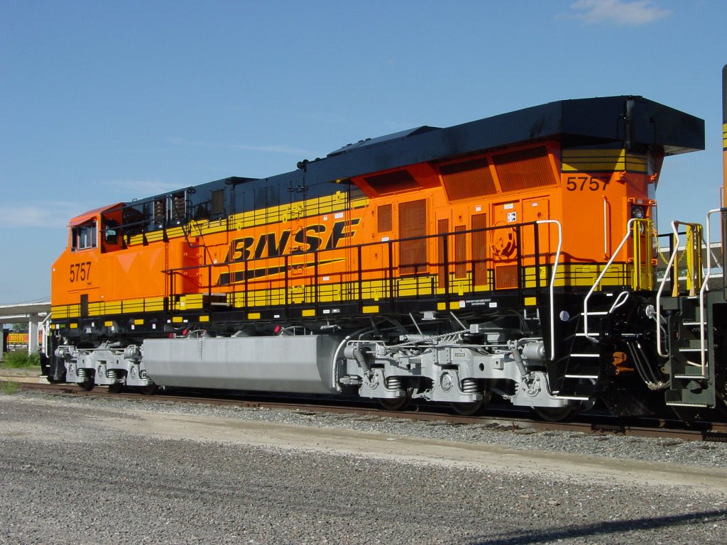 BNSF 5757 sits at the Burlington, Iowa depot while its coal train is being unloaded at the power plant south of town. With the freshness of the paint the lok appears to be newly delivered. 22 Aug 2005.