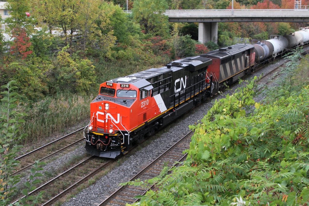 Brand-new CN 2310 (ES44DC) and CN 2411 (C40-8M) with an freight train westbound. 2.10.2010 at Bayview Juntion in Hamilton,Ont.
