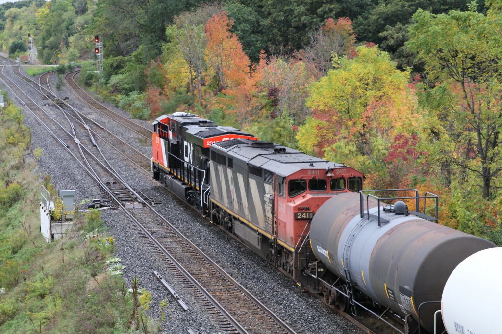 Brand-new CN 2310 (ES44DC) and CN 2411 (C40-8M) with an freight train westbound. 2.10.2010 at Bayview Juntion in Hamilton,Ont.