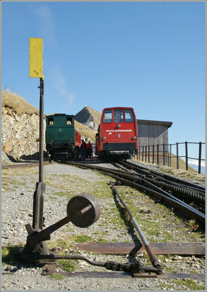 BRB steamer n 6 and diesel n 9 on the summit Station Brienzer Rohthorn. 
01.10.2011