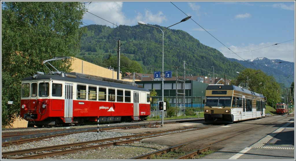CEV BDe 2/4 N 75 and CEV GTW Be 2/6  Blonay  in Blonay.
19.05.2012