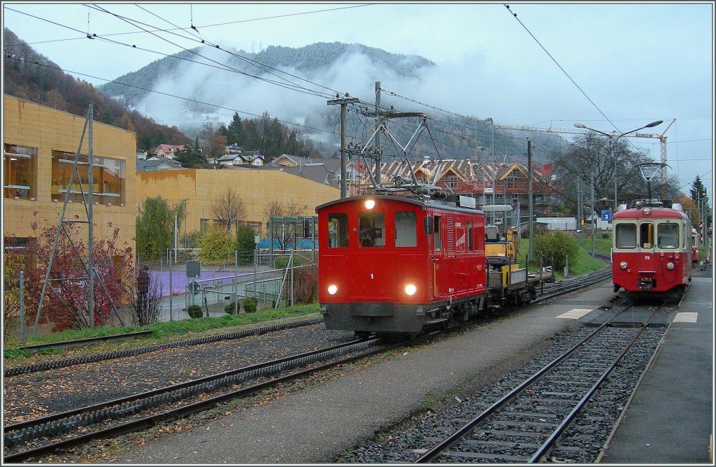 CEV HGe 2/2 No 1 and BDeh 2/4 No 73  in Blonay. 
23.11.2010