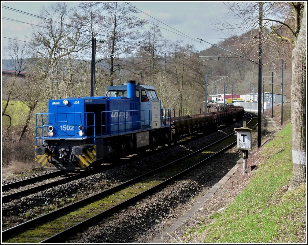 CFL Cargo 1502 is heading a freight train near Colmar-Berg on March 9th, 2012.