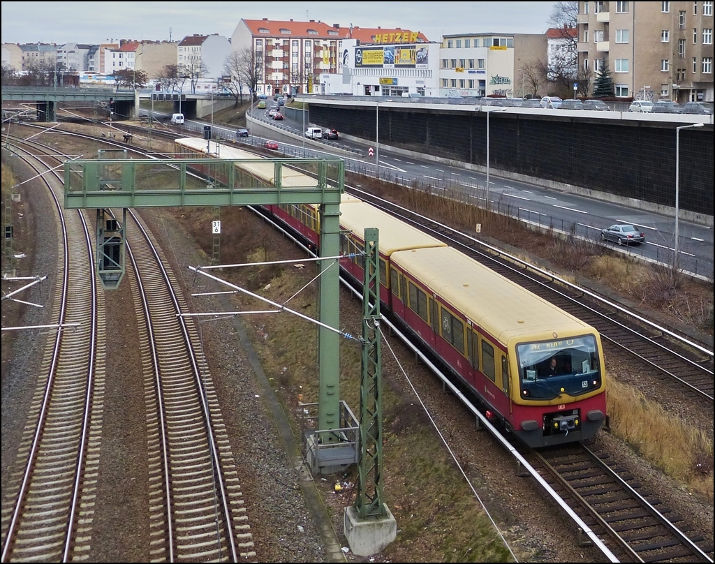 Class 481/482 train is leaving the station Berlin Messe Nord on December 29th, 2012.