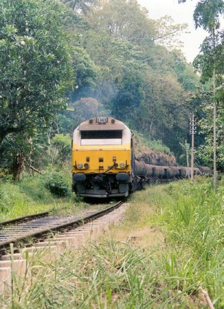 Class M9 French ALSTOM RUSHTON DIESEL. 10 of these were introduced to SLR and very few are remaining in service. This is an unidentified( number missing ) M9 travers down Kadugannawa with an empty rake of fuel wagons on 6th July 2012.