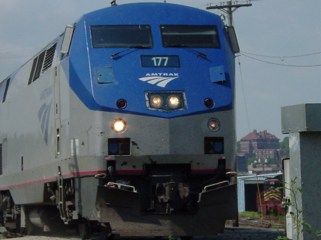 Close up of the front of Amtrak 177. The lower right light is not burned out, these lower lights flash on and off when the horn sounds. Lok is in the South Street crossing 30 July 2003.