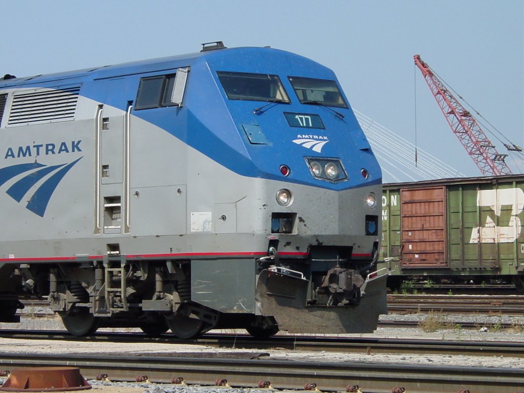 Close-up of the nose of Amtrak 177 as it sits at the Burlington, Iowa depot in 2003.