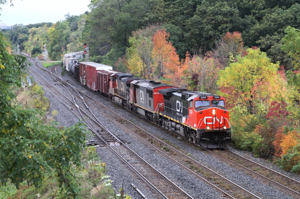 CN 2294 (ES44DC) + CN 4618 former BCOL 4618 (Dash 8-44CW) + CN 2639 (Dash 9-44CW) with a freight train at 2.10.2010 on Bayview Junction in Hamilton,Ontario.