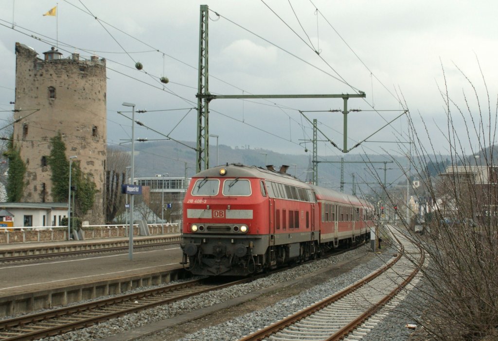 DB 218 408-3 with his local train is leaving in Boppard station to Emmelshausen (Hunsrck). 
