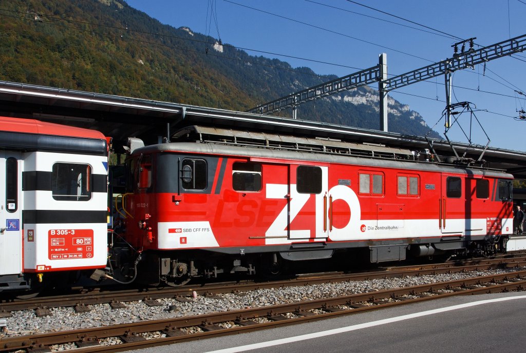 De 110022-1 ZB with the regional train in the station Interlaken east, at the 02.10.2011.