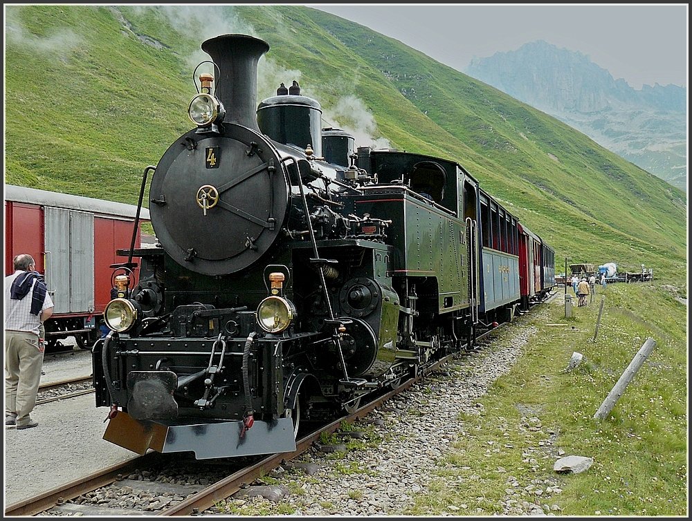 DFB steam locomotive HG 3/4 Nr 4 photographed at station Furka on August 1st, 2008. 