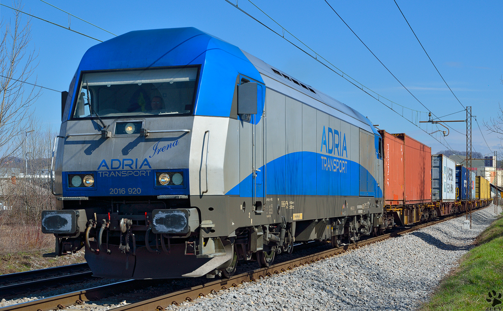 Diesel loc 2016 920 'Irena' is hauling container train through Maribor-Tabor on the way to Koper port. /10.4.2013