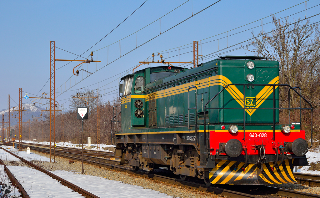 Diesel loc 643-028 is running through Maribor-Tabor on the way to Studenci station. /1.3.2013