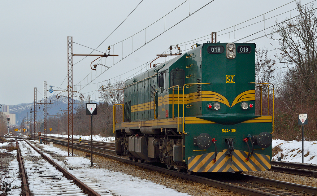 Diesel loc 644-016 is running through Maribor-Tabor on the way to Studenci station. /1.2.2013