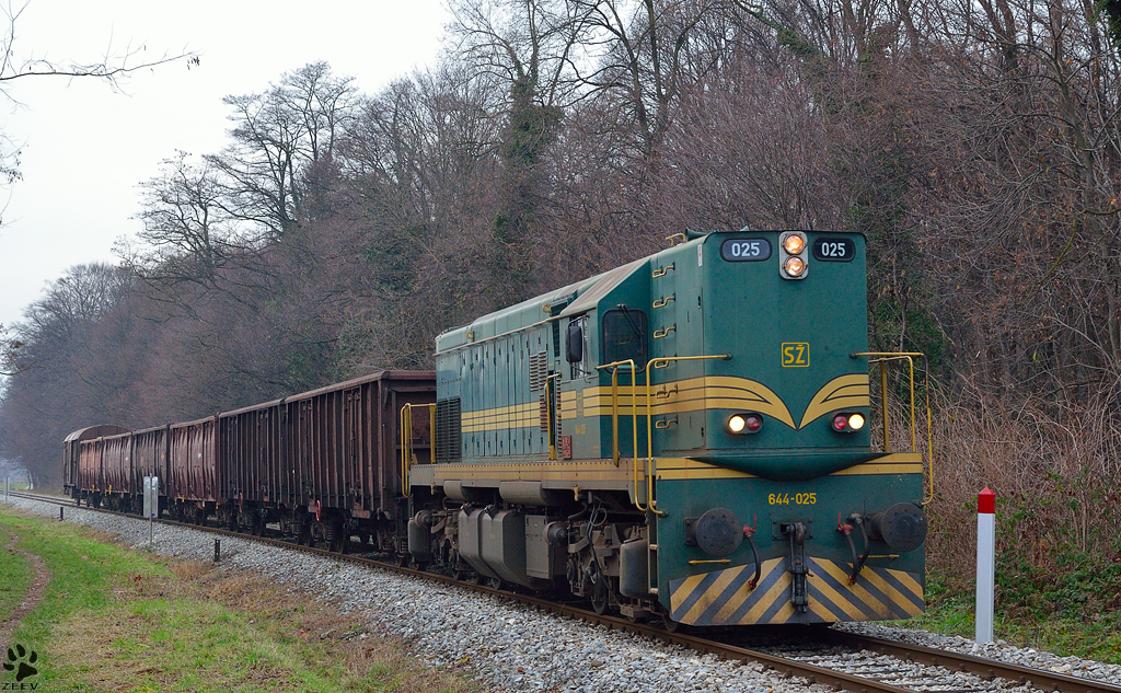 Diesel loc 644-025 is hauling freight train through Maribor-Studenci on the way to Tezno yard. /17.12.2012