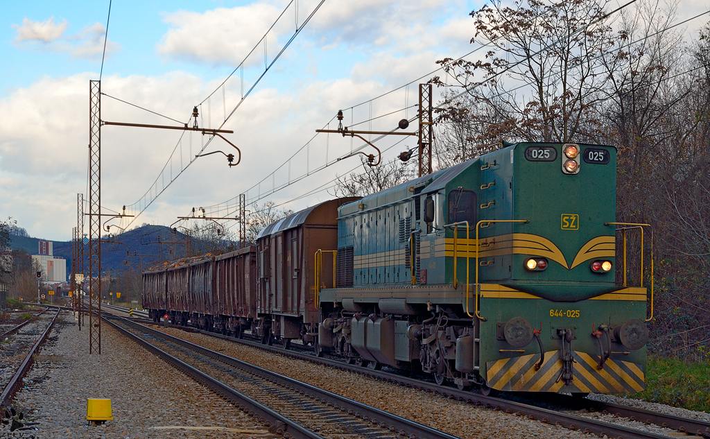 Diesel loc 644-025 pull freight train through Maribor-Tabor on the way to Tezno yard. /3.12.2012