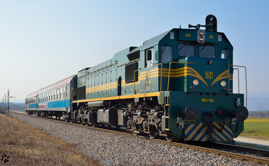 Diesel loc 664-104 pull passenger train through Gaj on the way to Murska Sobota. /7.3.2012