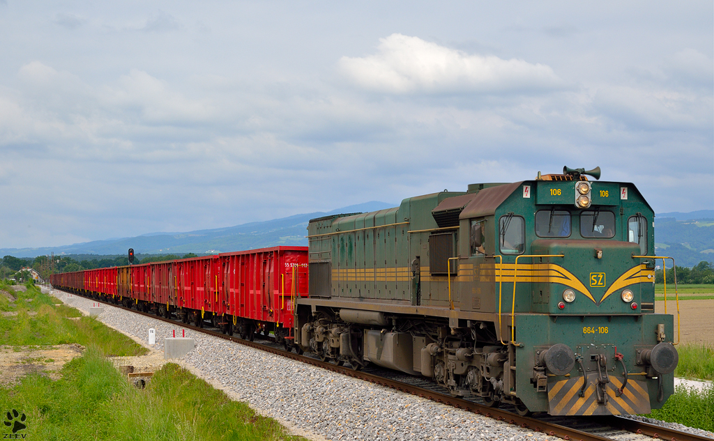 Diesel loc 664-106 is hauling freight train through Gaj on the way to Hodo. /24.5.2013