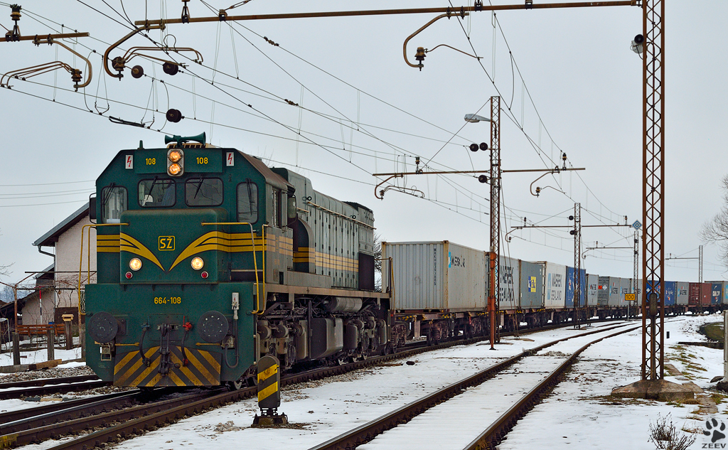 Diesel loc 664-108 with container train from Hodo is approaching Pragersko station. /29.1.2013