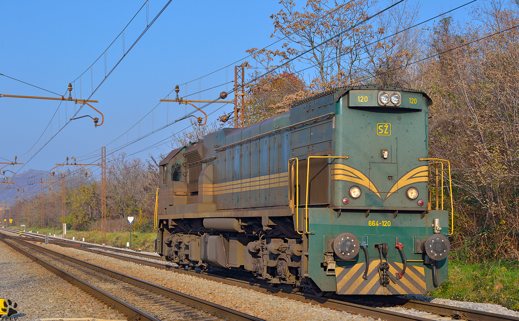 Diesel loc 664-120 is running through Maribor-Tabor on the way to Tezno yard. /15.11.2012