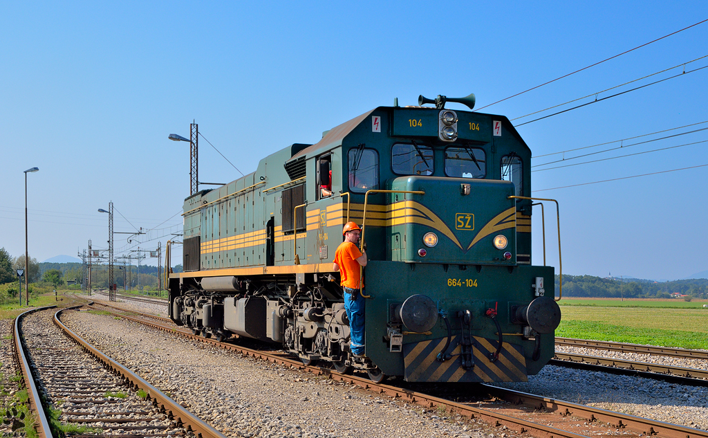 Diesel locomotive 664-104 is running through station of Pragersko. /18.09.2012 